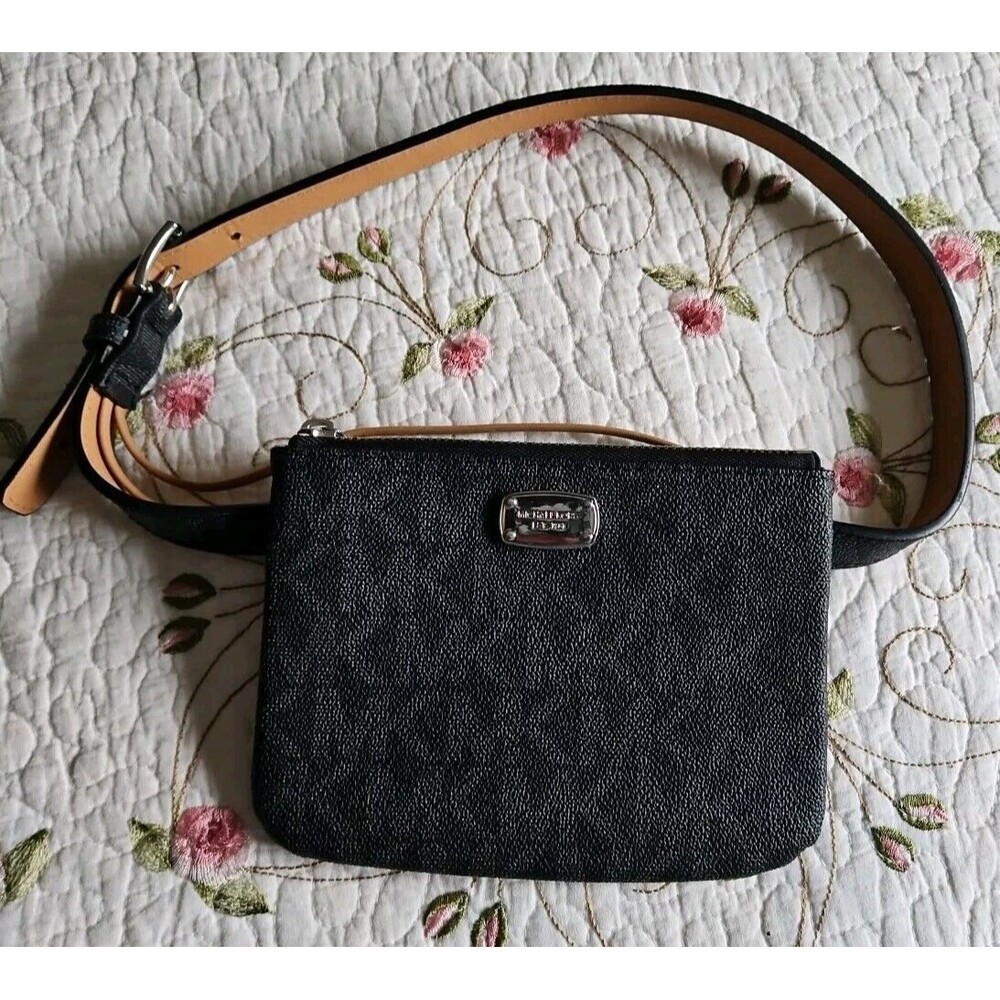 Michael Kors Black Pebbled Leather Crossbody Belt Bag with Tan Strap